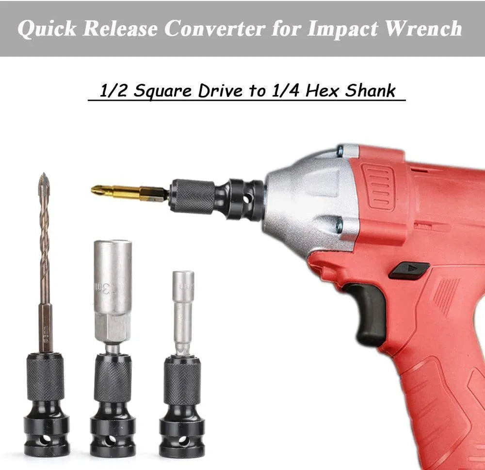 Steel scaling bit holder adapter for converting a 1/2-inch wrench drive to 1/4-inch hex bits.