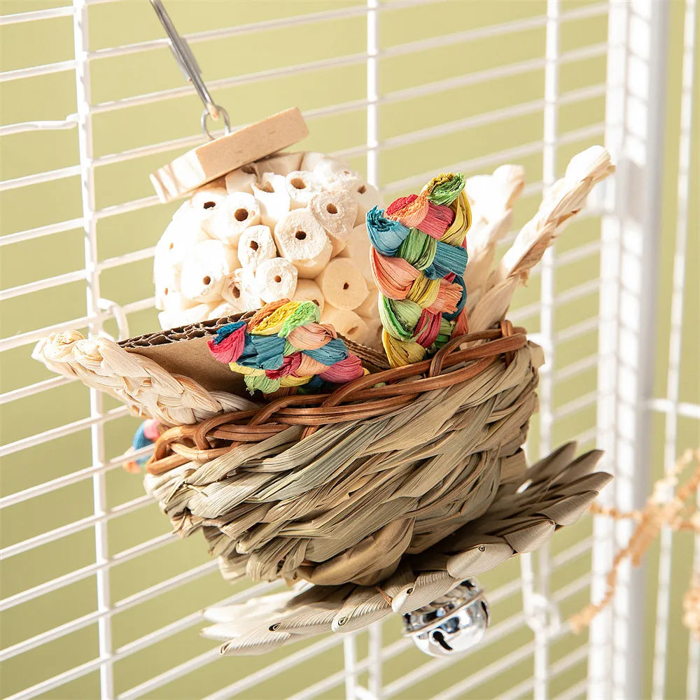 Parrot gnawing toy with wooden blocks in three different configurations for bird chewing enrichment