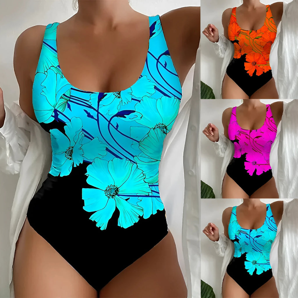 Women's one-piece swimsuit with 3D printed pattern in orange red colour