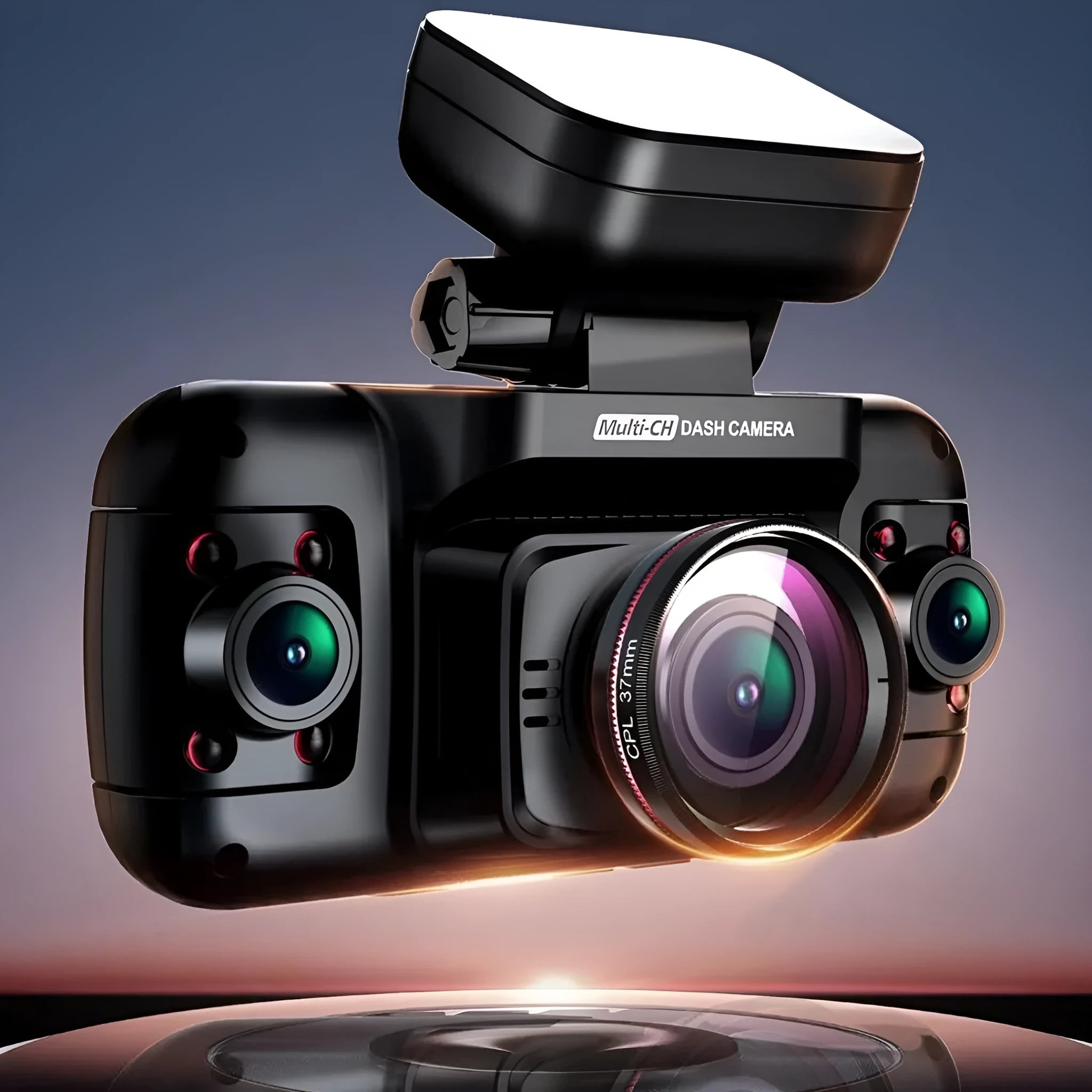Black four-lens car dashboard camera with a 2-inch screen and compact plastic housing.
