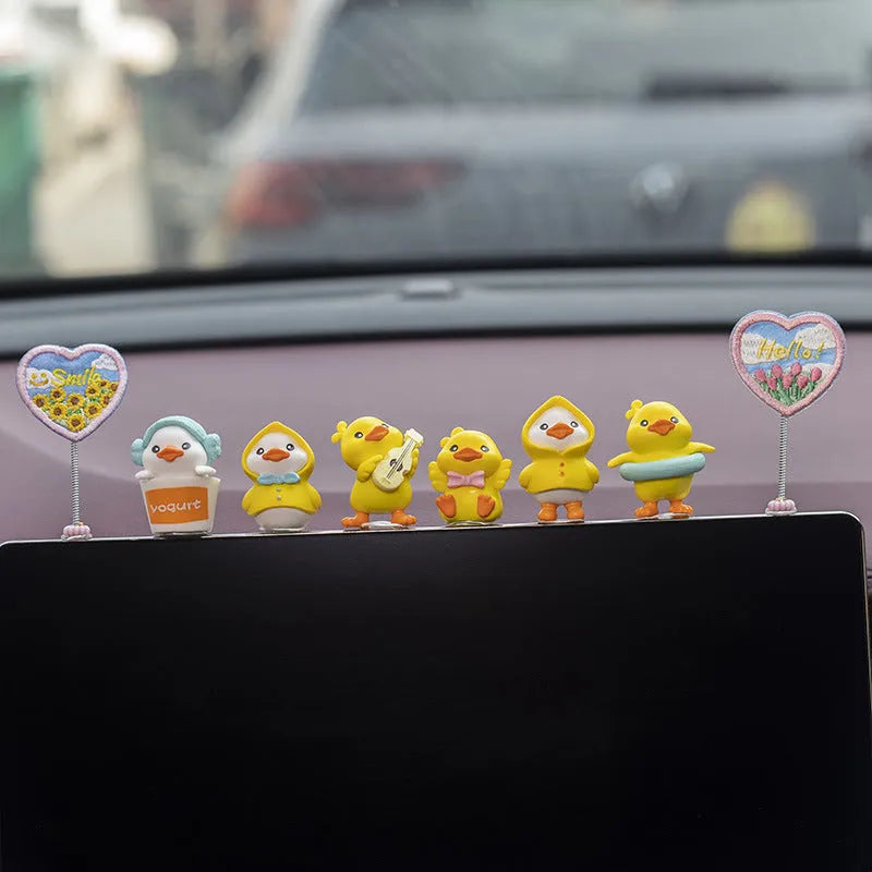 PVC cartoon duckling car dashboard decoration set with six small ducks and road sign label