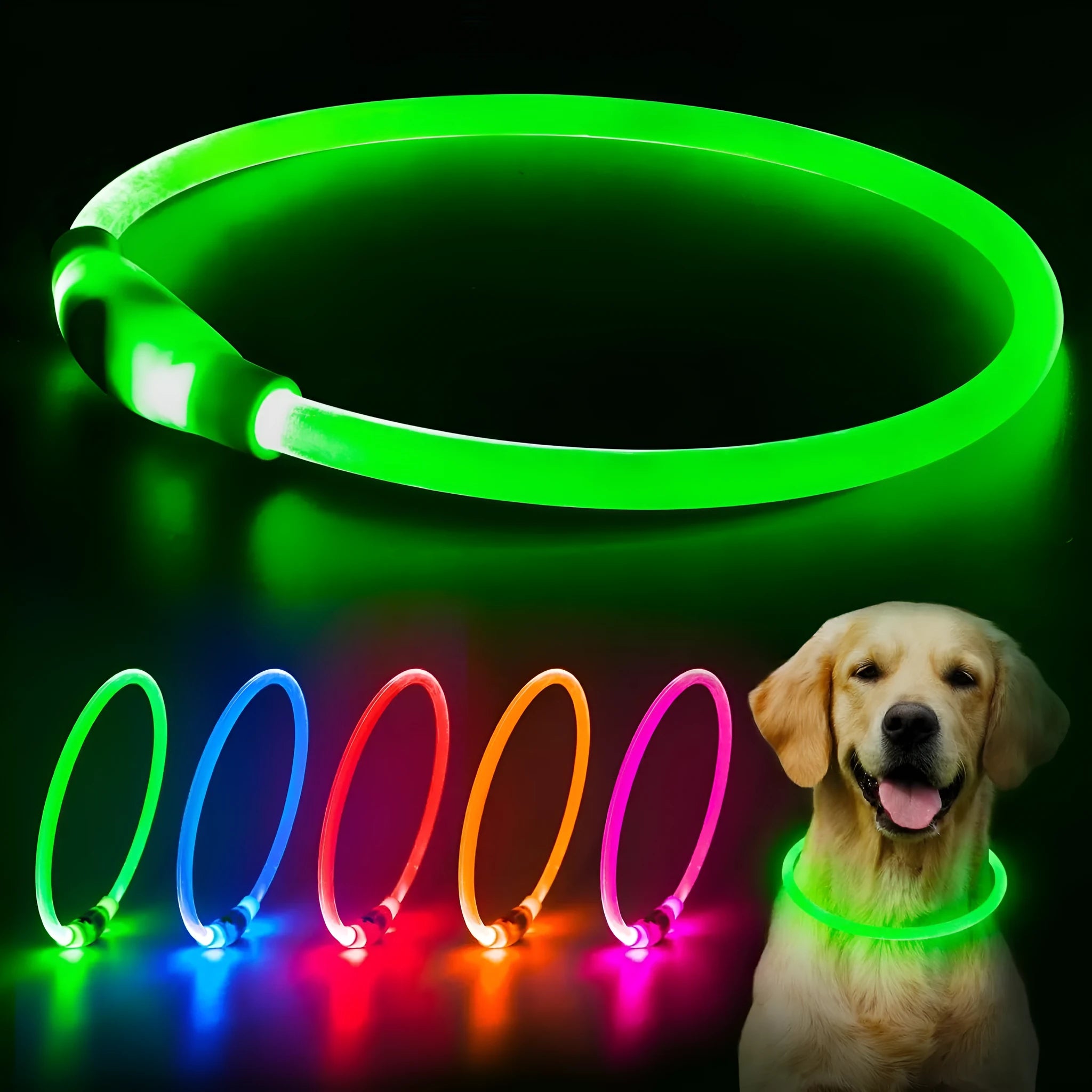 USB rechargeable LED dog collar glowing blue with adjustable 70cm length for night-time pet safety
