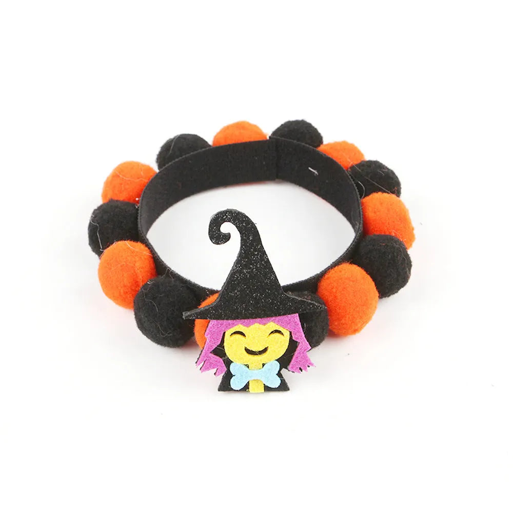 Halloween pet collar with fur ball decorations in various Halloween designs for dogs and cats