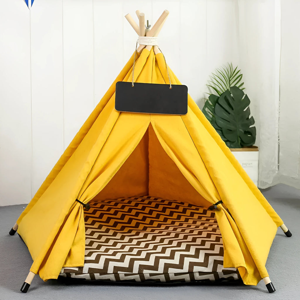 Pet teepee tent with striped pattern and removable cushion for small dogs and cats