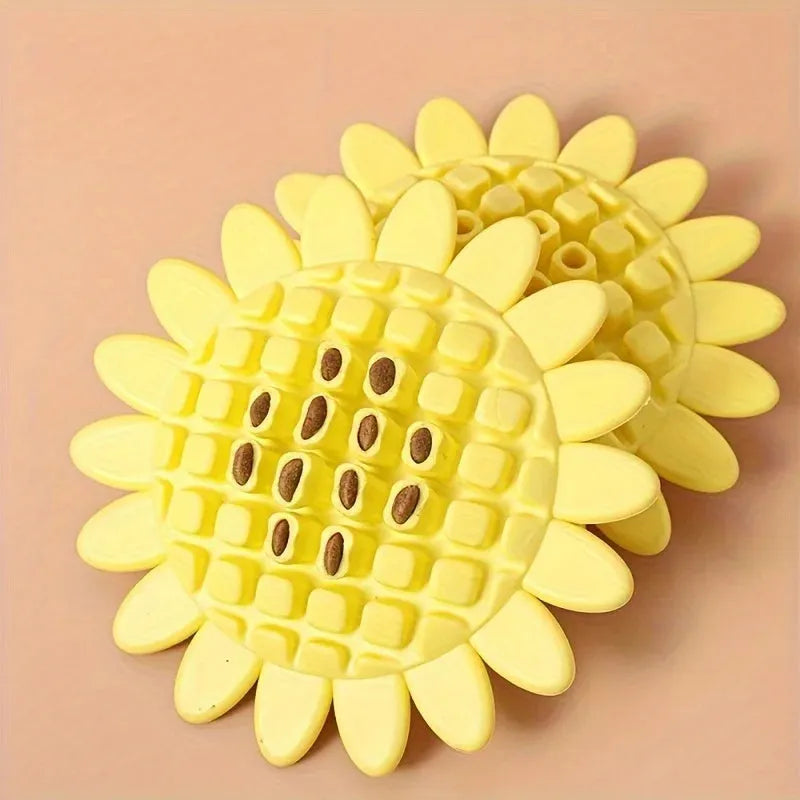 Yellow rubber sunflower dog toy for puppies and dogs, a chewy pet accessory for teething and play.