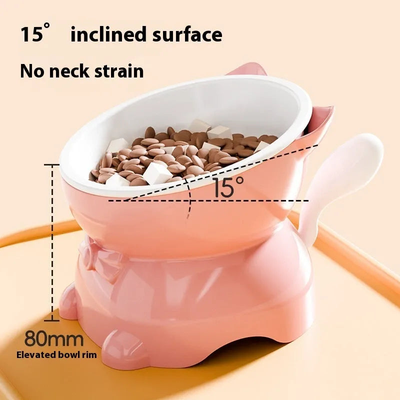 Stainless steel oblique anti-fall cat bowl shown in blue, pink, yellow, and black colour options.