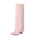 Women's plus size thick high heel boots in black with high calf length and sewing line details