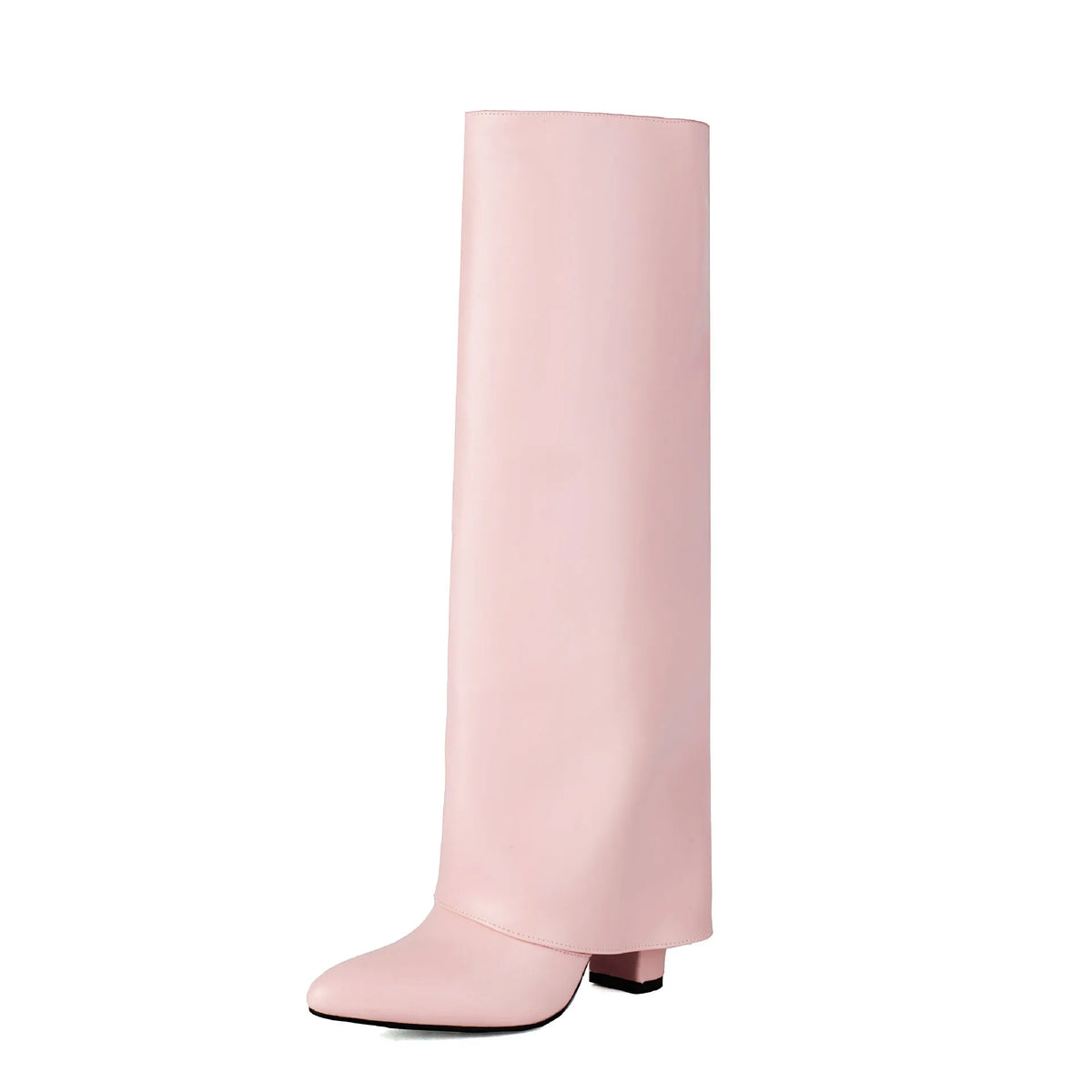 Women's plus size thick high heel boots in black with high calf length and sewing line details