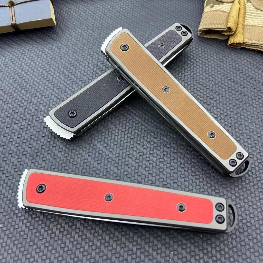 Folding fruit knife with stainless steel blade in black, brown, or red colour options