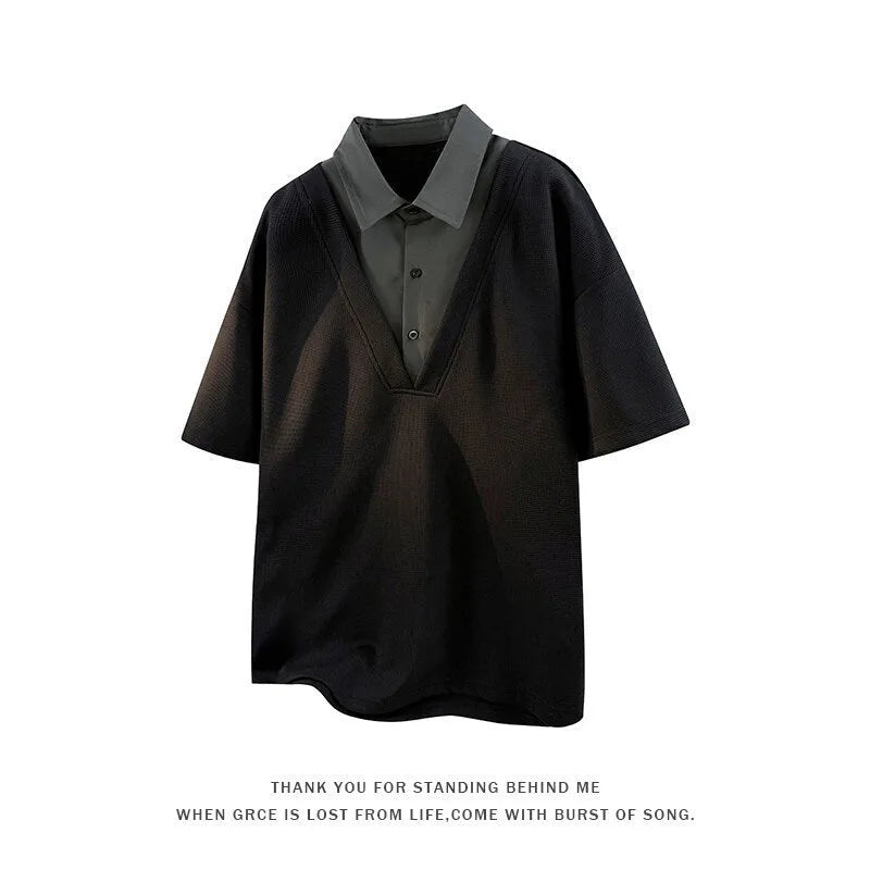 Men's black thin spandex polo sweater featuring a heavy Henry collar and short sleeves.