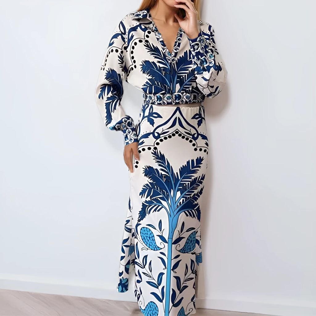 Floral early spring casual fashion set with long sleeve top and long skirt in picture color