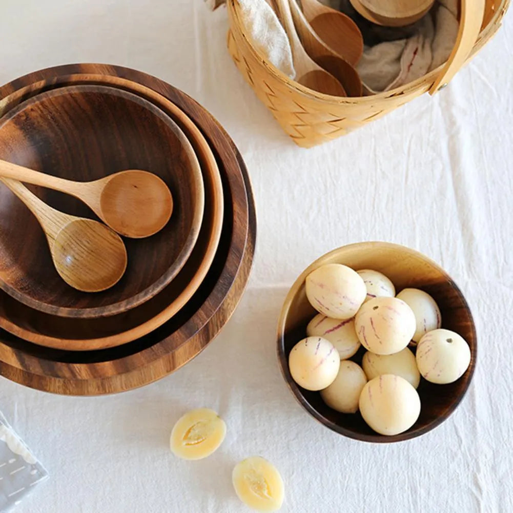 Natural wooden bowl handmade Japanese style brown fruit salad bowl available in sizes 8x6cm to 26x8cm