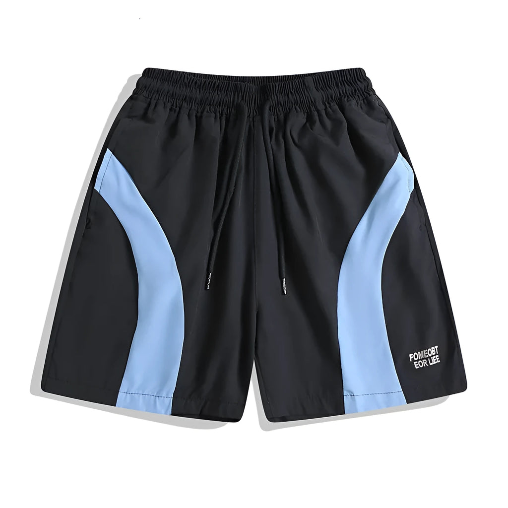 Men's black loose fit sports shorts with elastic waistband and contrast trim, shown on a hanger.