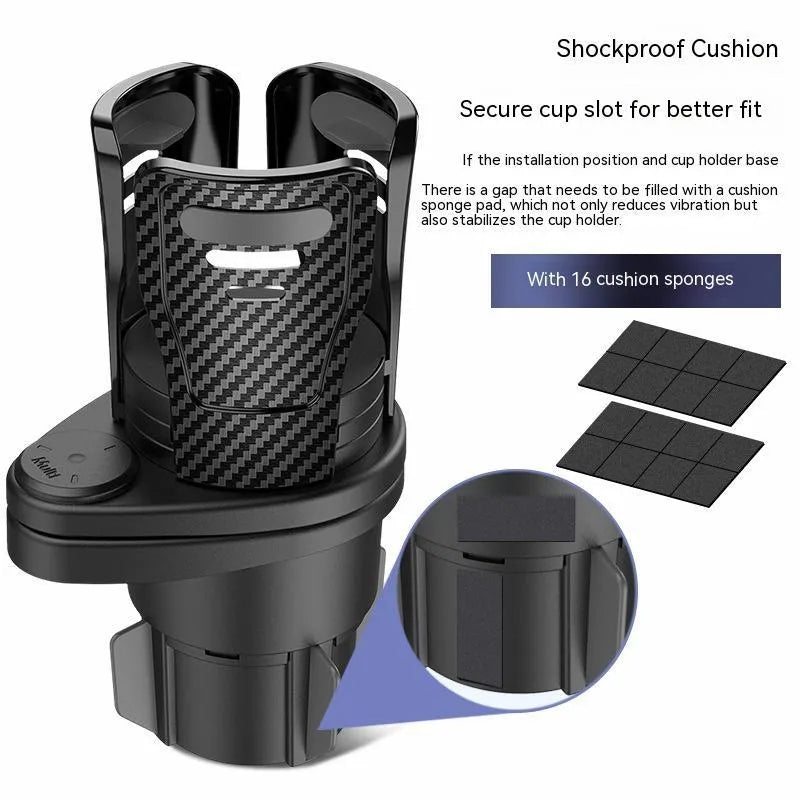 Second generation car cup holder upgrade in carbon fibre and matte black ABS plastic