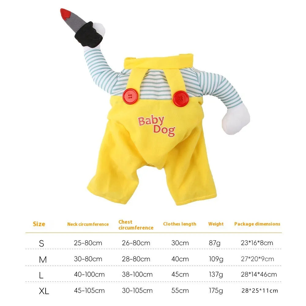 Yellow knife assassin cat costume clothing on feline model showing polyester construction