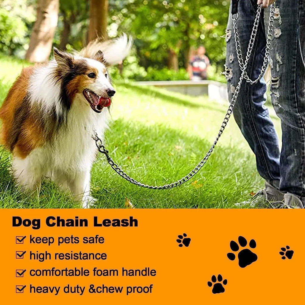 Heavy duty metal chain dog leash with a soft black padded handle, shown with a red colour option.