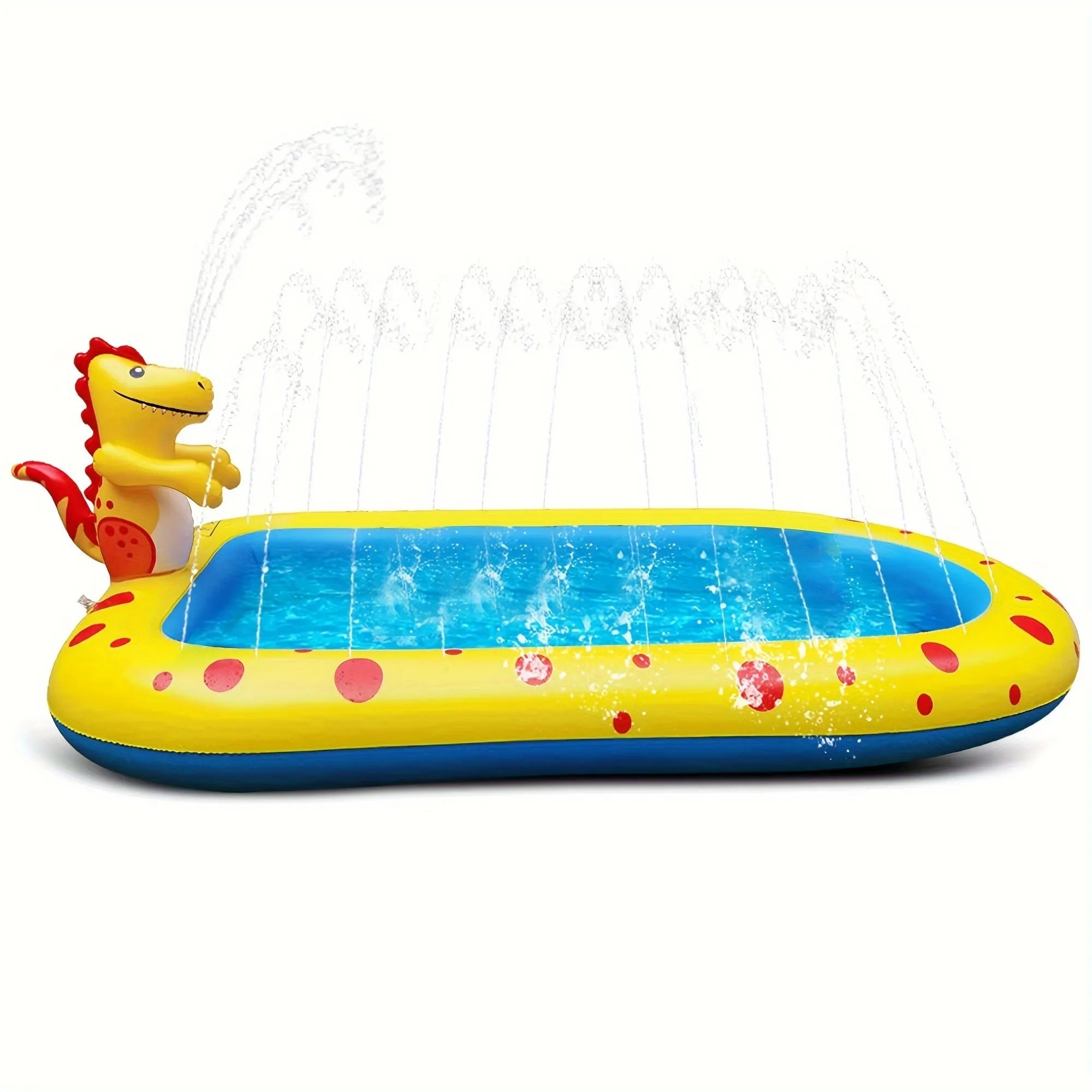 Blue dinosaur-shaped inflatable water spray pool for kids outdoor play