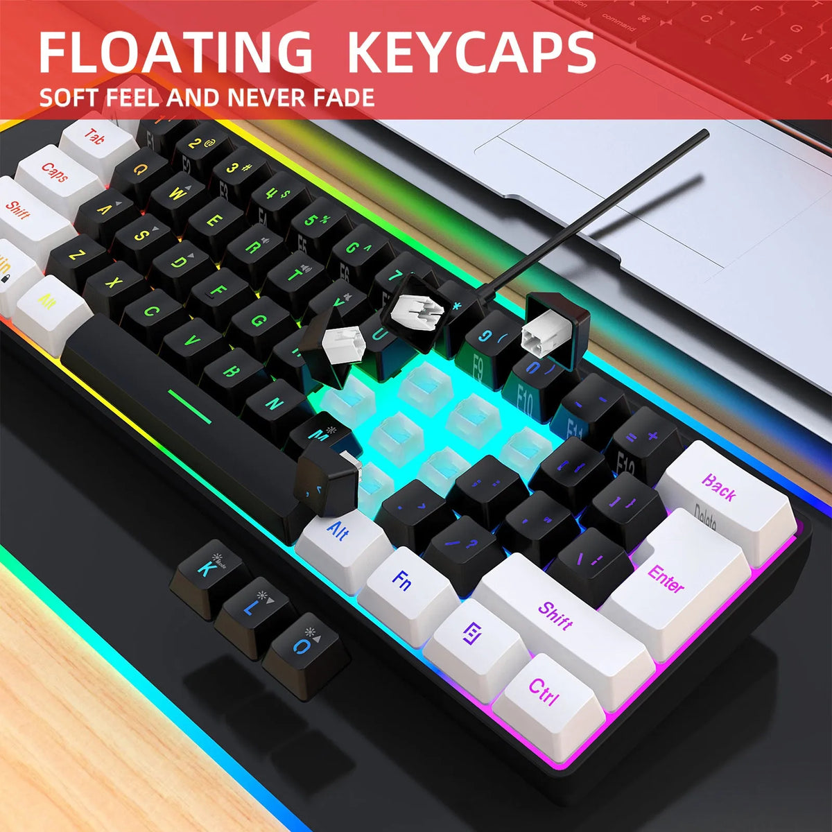 White and black 61 key wired membrane keyboard with compact design on desk
