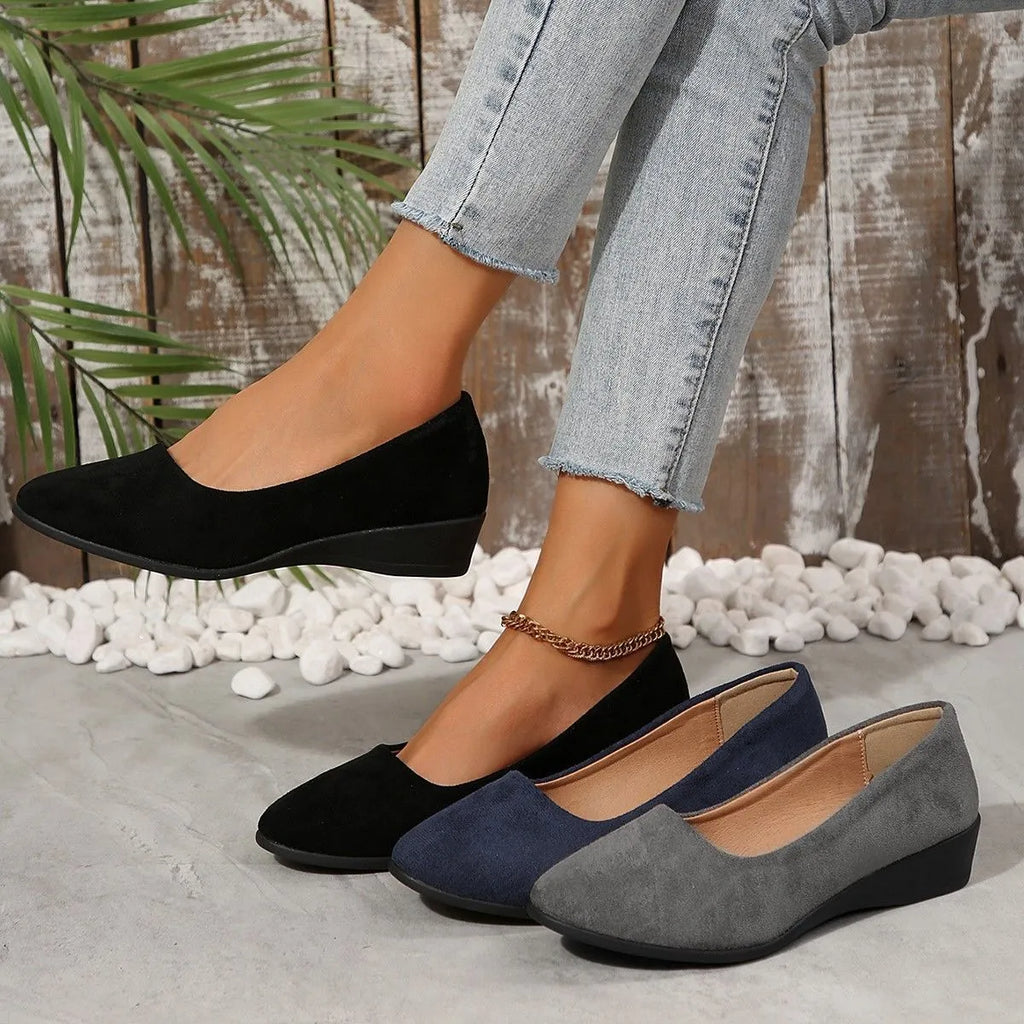 Women's plus size Gommino wedge pumps with pointed toe, shallow mouth, and low rubber heel in suede material