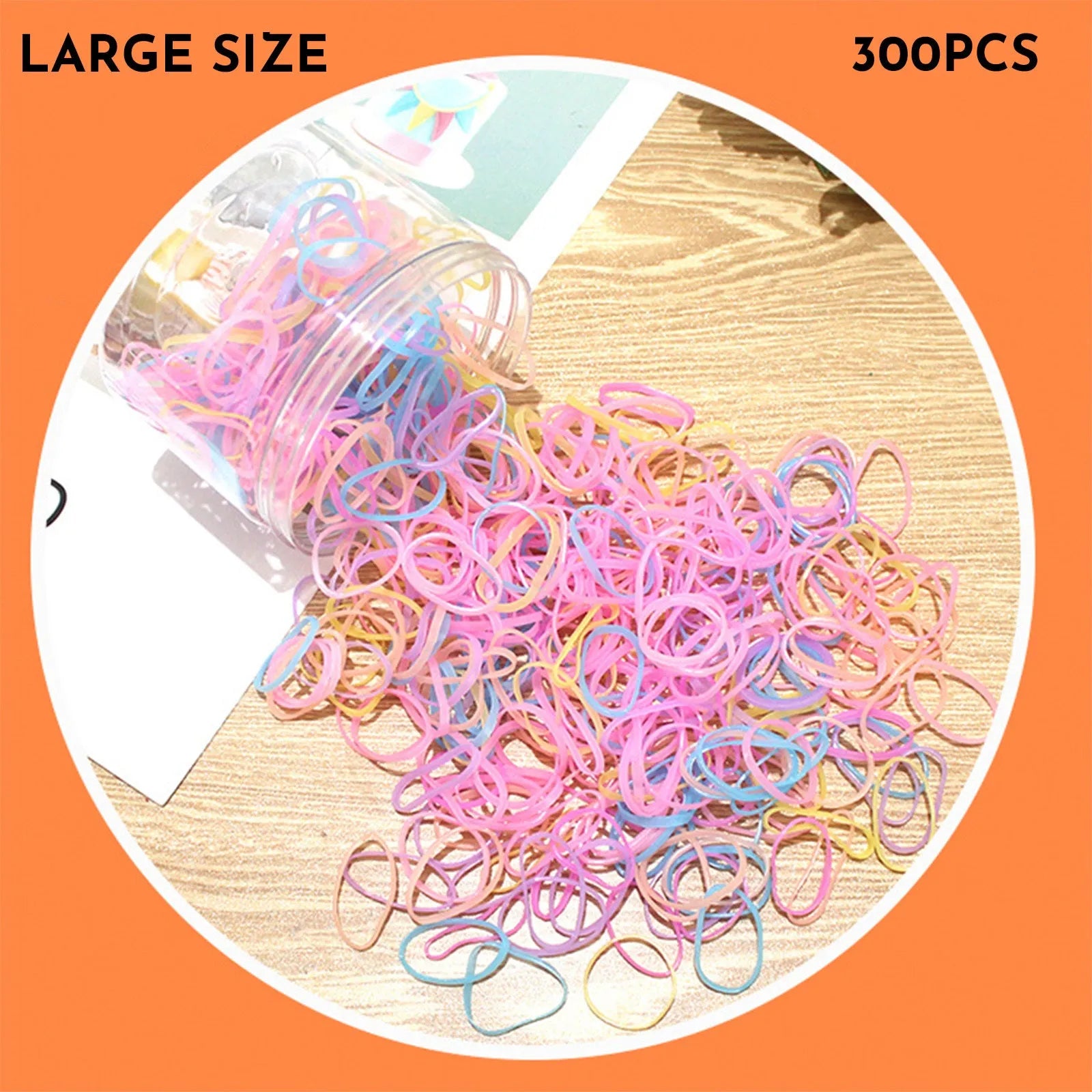 Multi-colour TPU baby hair bands in a reusable container, 300 or 600 piece pack.