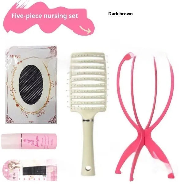 Forehead lace full-head wig in natural black straight style with hairnet and styling accessories