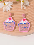 Colourful acrylic earrings shaped like cherry, strawberry, watermelon, pineapple, coconut tree, cake, and ice cream