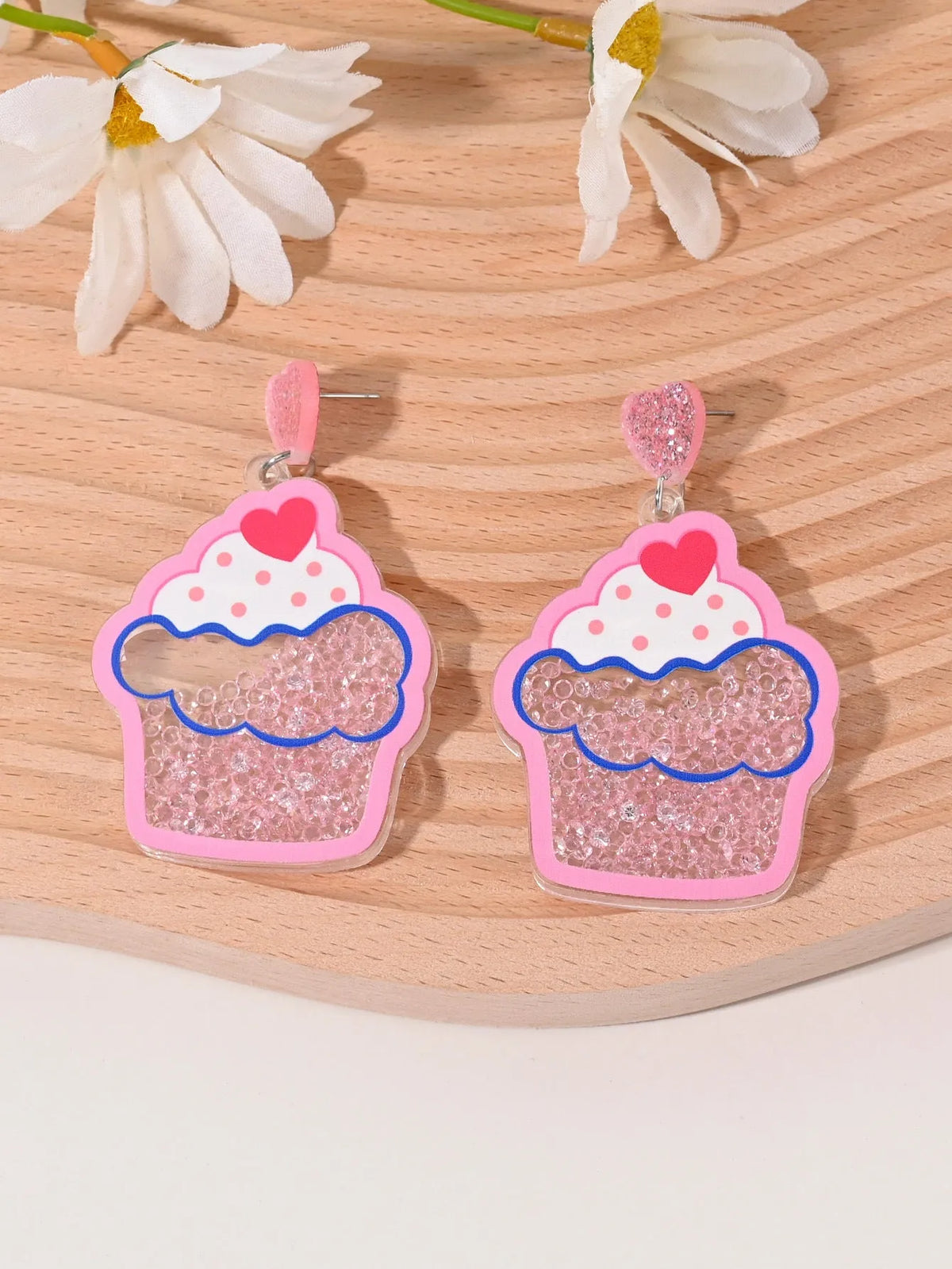 Colourful acrylic earrings shaped like cherry, strawberry, watermelon, pineapple, coconut tree, cake, and ice cream