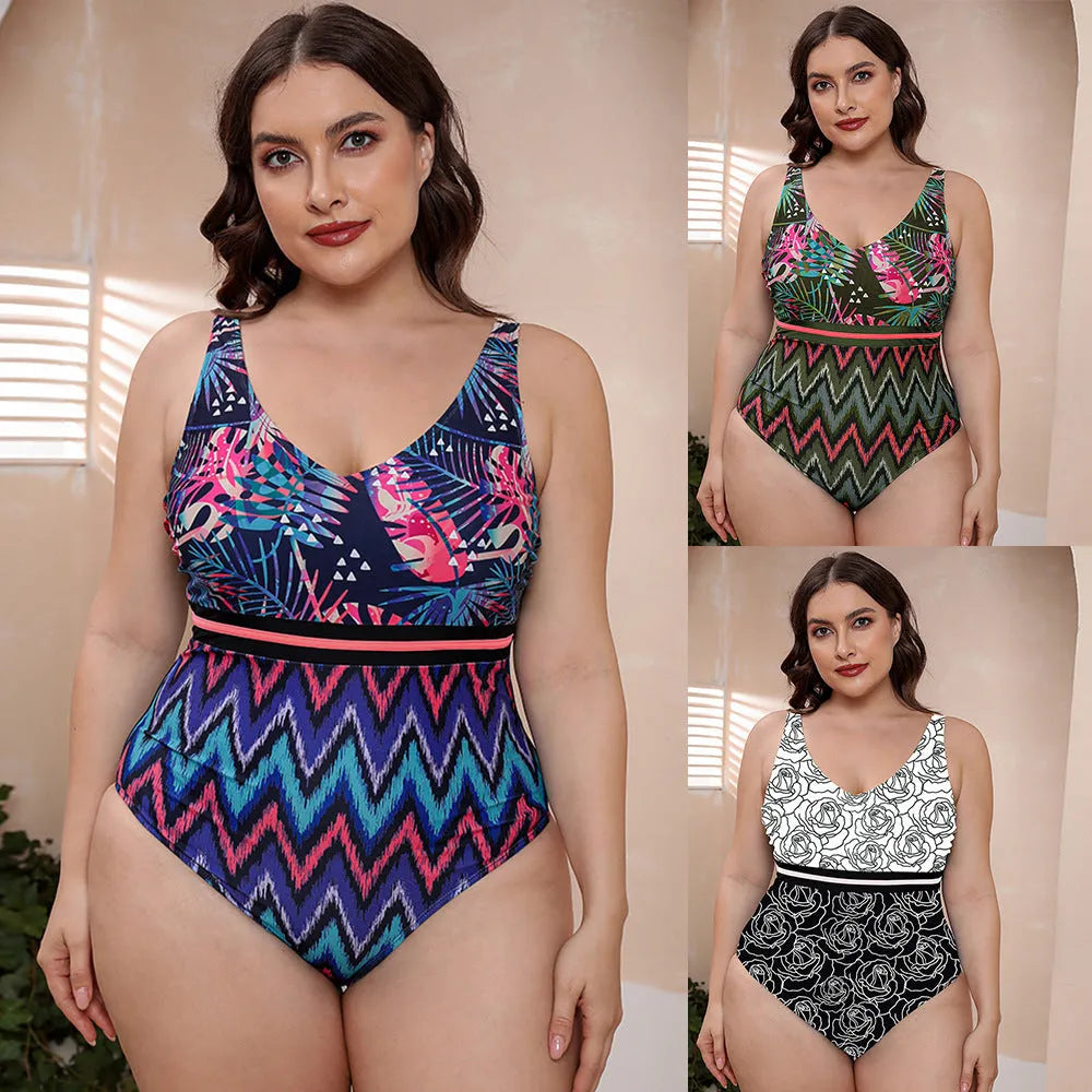 Blue printed one-piece swimsuit with spaghetti straps on a model, showing striped vest design.