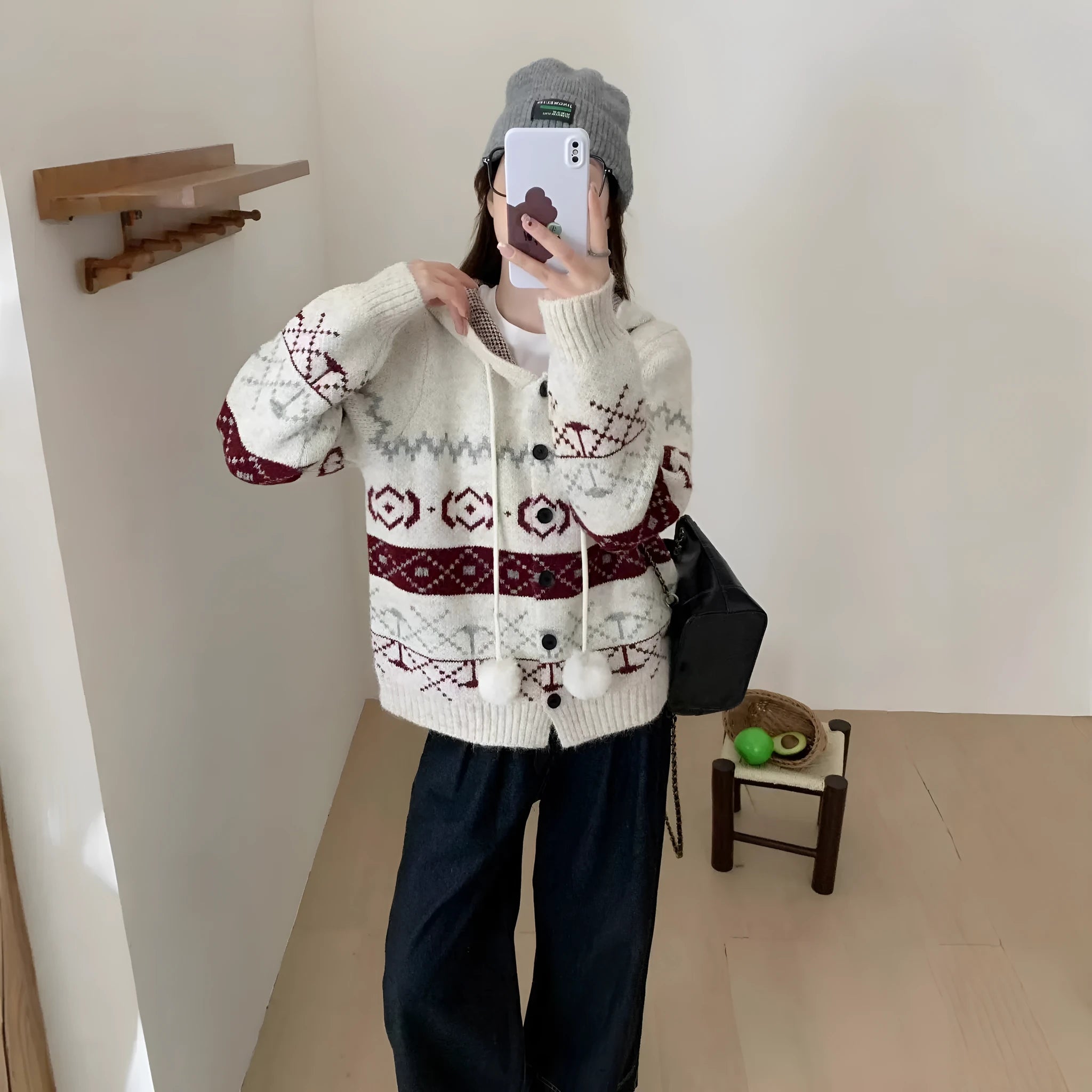 Women's beige acrylic brocade sweater coat with geometric pattern and loose fit