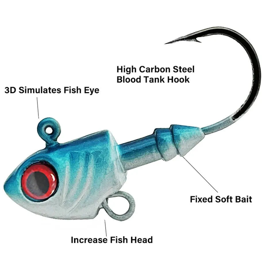 Yayu-shaped lead head fishing hooks in blue, silver, and yellow colours with weight options from 3.5g to 28g