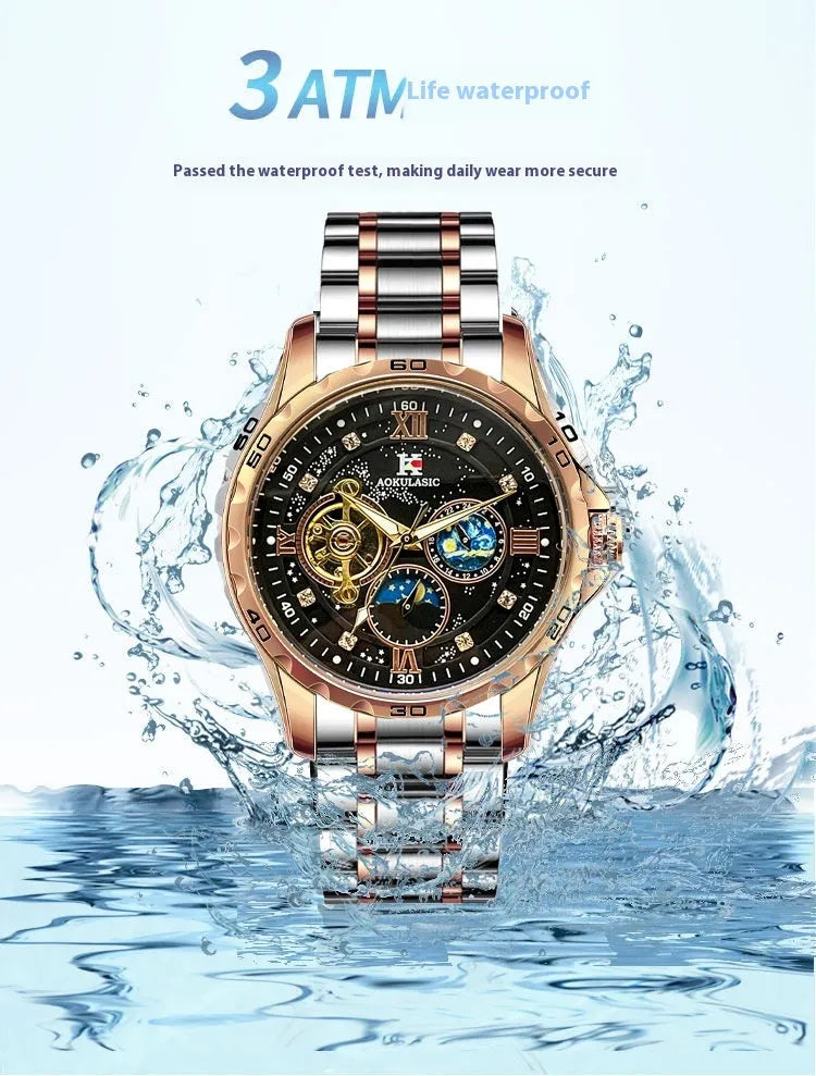 Men's automatic mechanical watch with rose gold casing, black dial, and large display