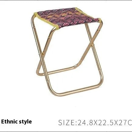 Black folding stool with ethnic pattern, made from 7075 aluminium alloy, shown in folded and open positions.