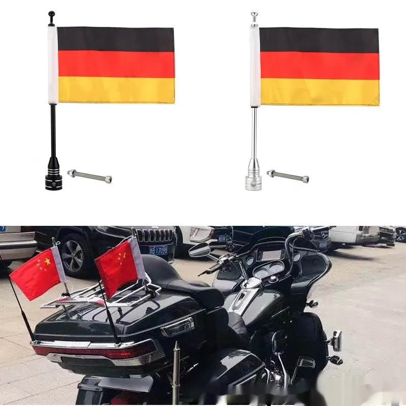Black and silver steel motorcycle luggage rack flagpole for side box mounting.