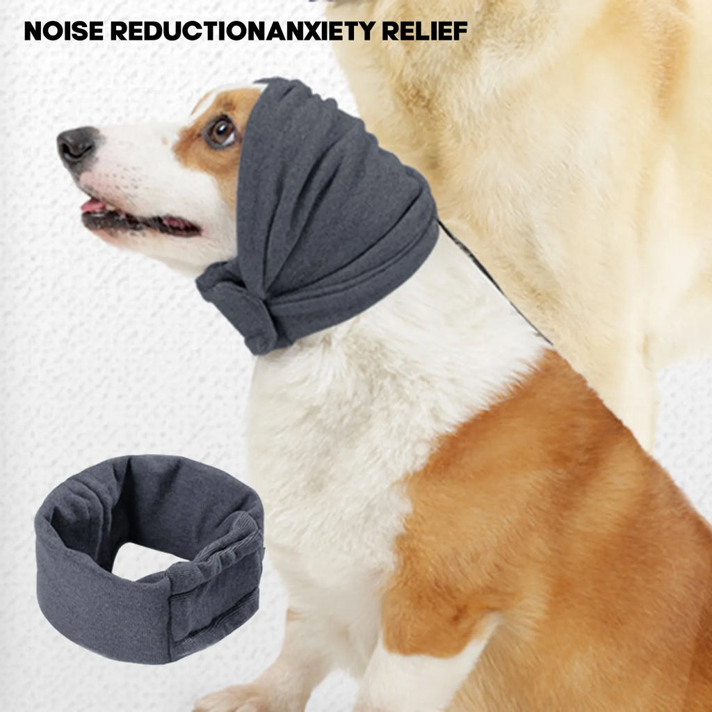 Black dog hoodie head cover with ear muffs for calming and hair control.