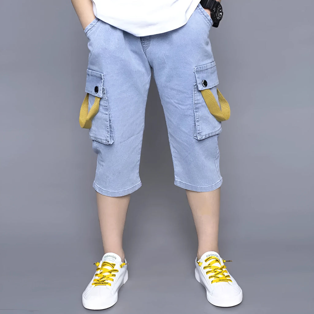 Boys loose stretch cropped jeans in blue cotton with high waist, sizes 105cm to 170cm