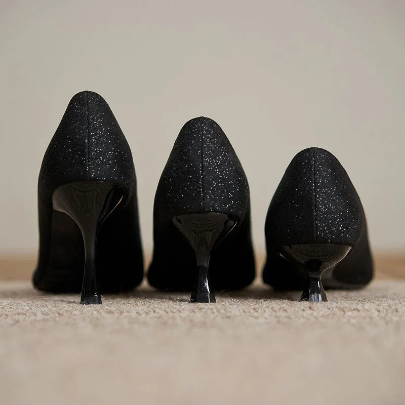 Black sequined high heels with 7cm thin heel, beef tendon sole, pigskin inner, and low upper