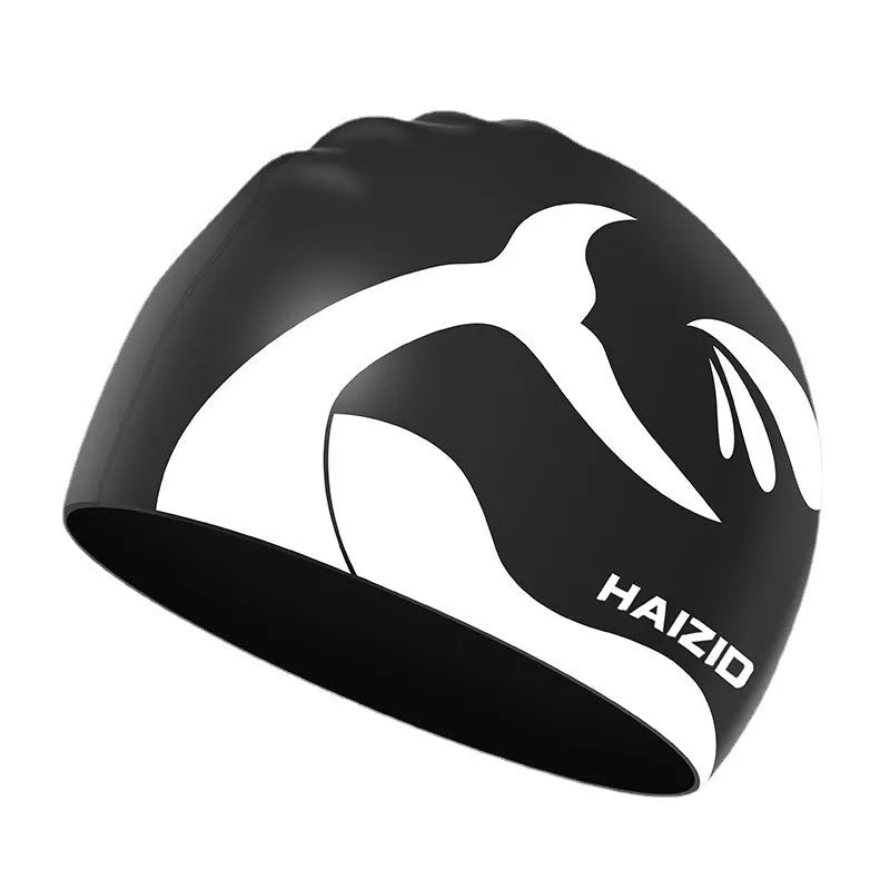Silicone swim cap with whale tail pattern and waterproof ear protectors in four colour options