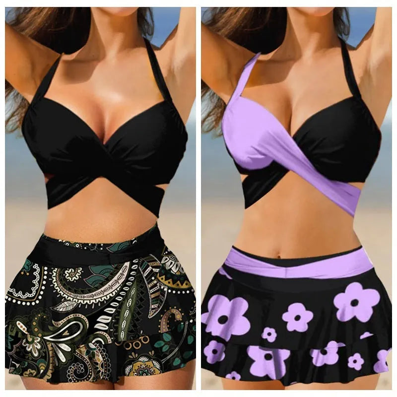Women's purple lace-up high waist bikini set with matching swim skirt laid flat.