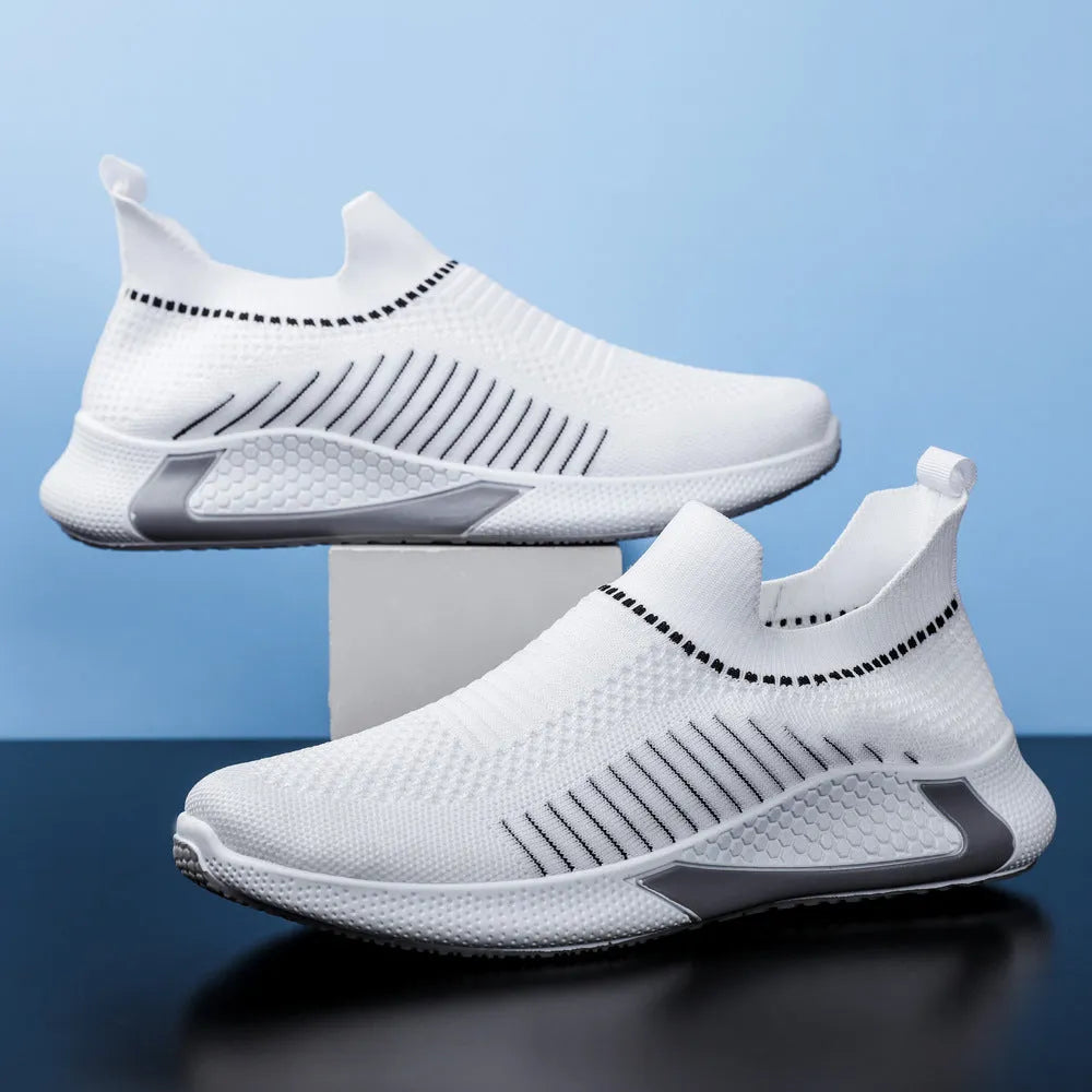 Men's mesh slip-on sneakers with striped design and flyknit upper in three colour options
