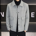 Men's khaki casual jacket with a polo collar and side seam pockets.