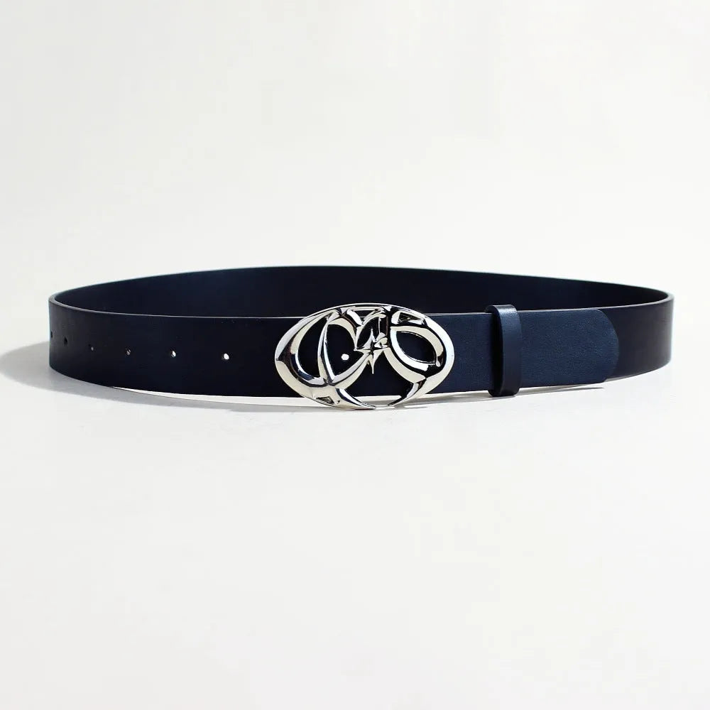Casual silver buckle belt with PU leather strap showing snap button closure.