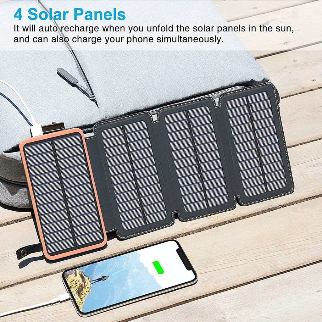 A waterproof solar power bank in one of four colours, showing the solar panel and a built-in LED light.