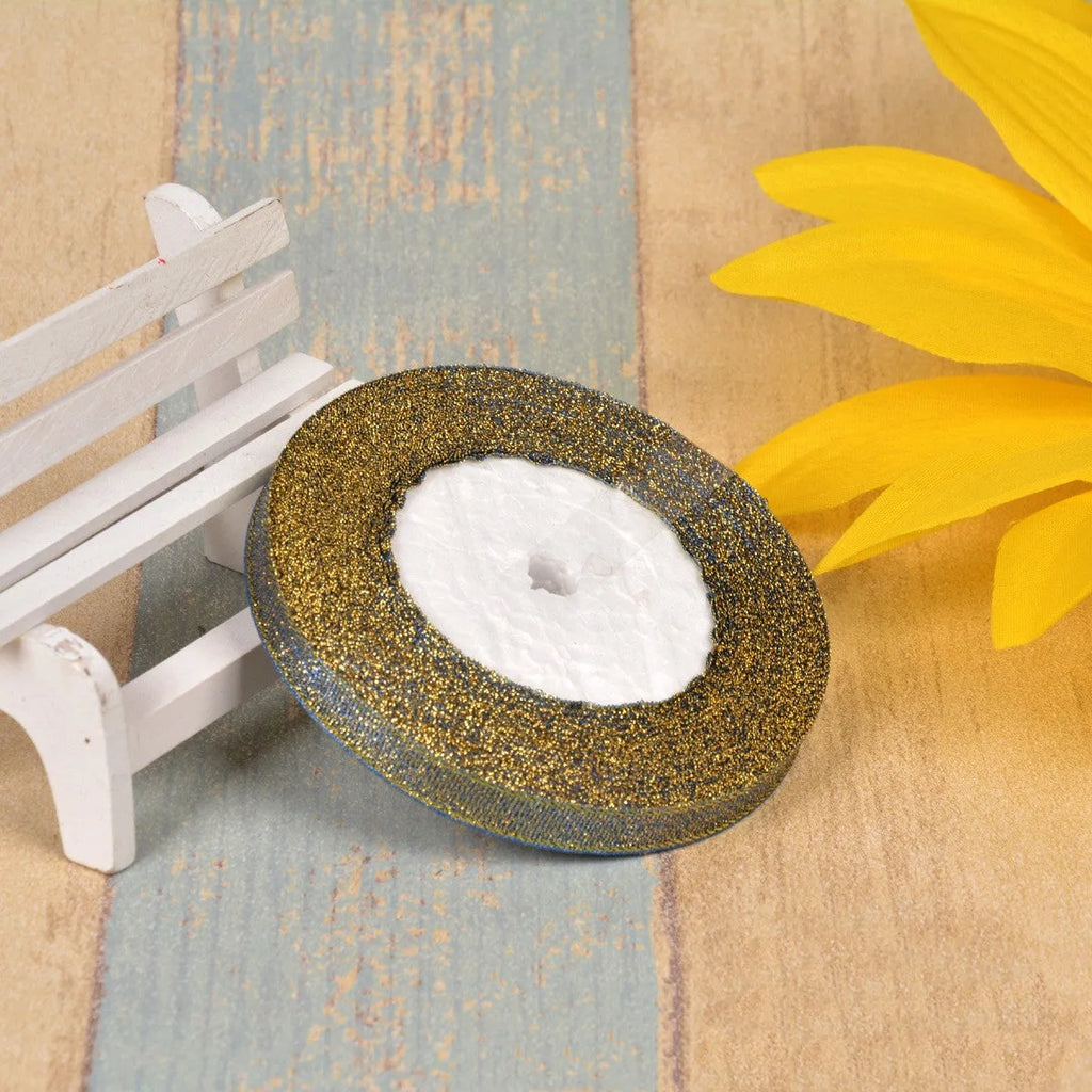 1cm wide colourful green onion pattern polyester ribbon on 25-yard roll with gold wire accents