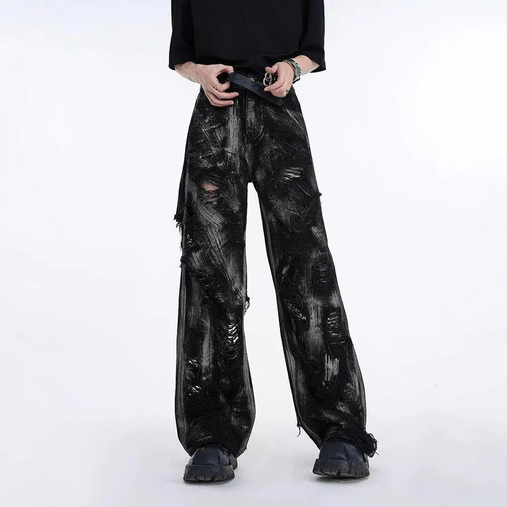 Men's heavyweight washed graffiti denim jacket with zipper fly and mid-waist design
