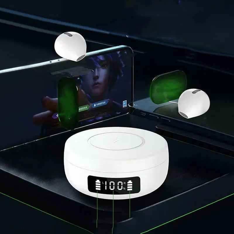 Mini black semi-in-ear wireless headphones placed inside their white wireless charging case, shown open.