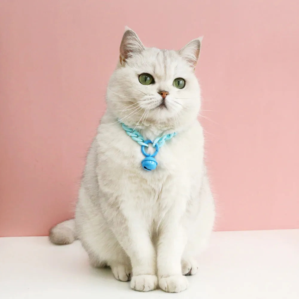 Plastic macaron candy colour chain-style pet collar for cats and dogs in blue, pink, and mixed colours.