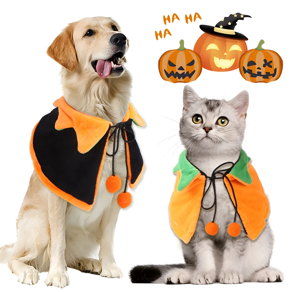 Orange double-sided pumpkin cloak costume on dog or cat with plush material and Halloween ornaments