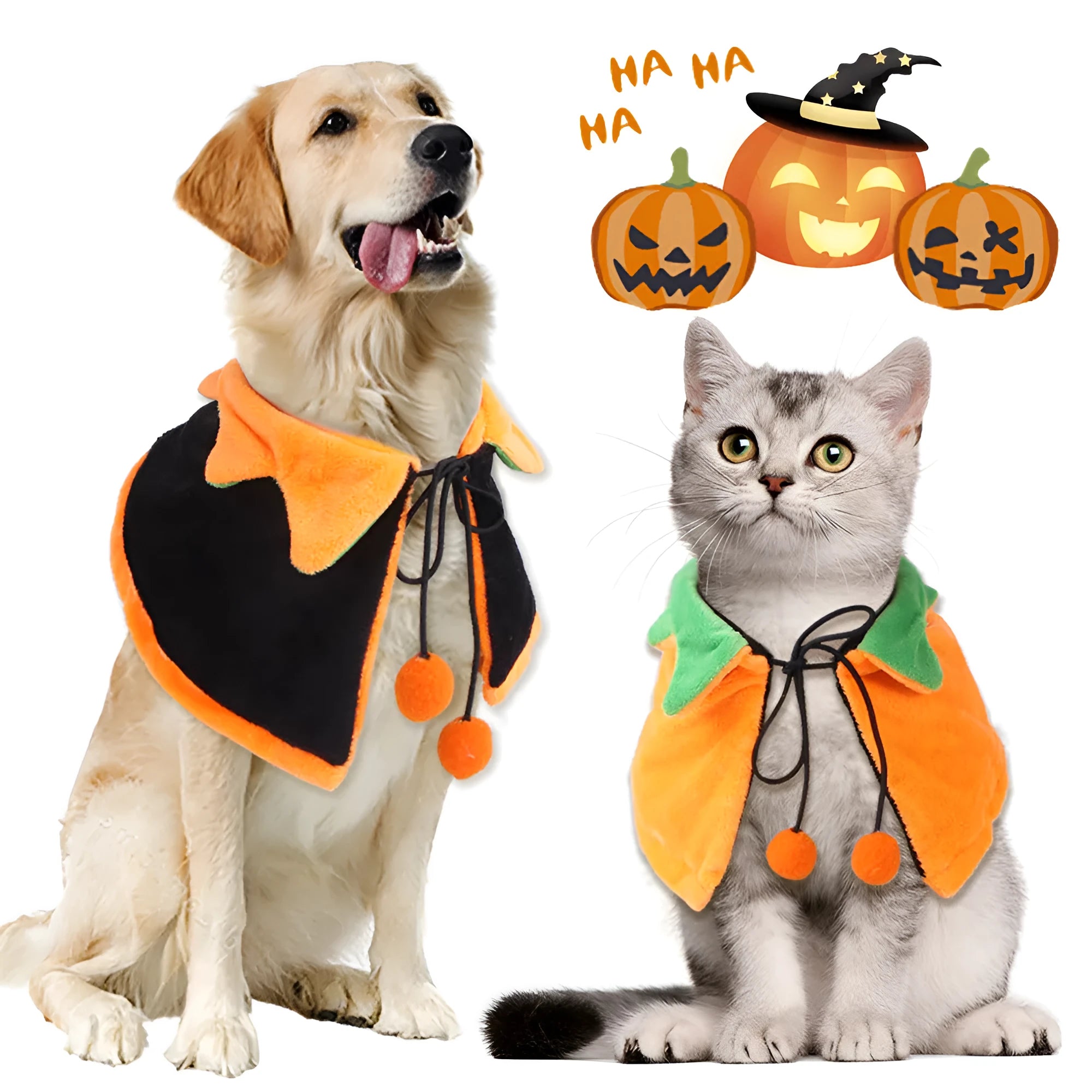 Orange double-sided pumpkin cloak costume on dog or cat with plush material and Halloween ornaments