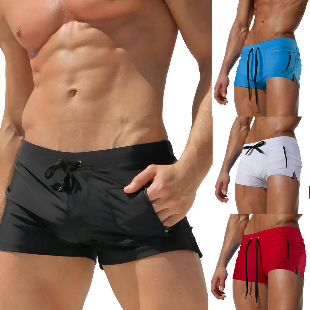 Men's solid colour high waist lace-up swimming trunks in polyester with spandex lining