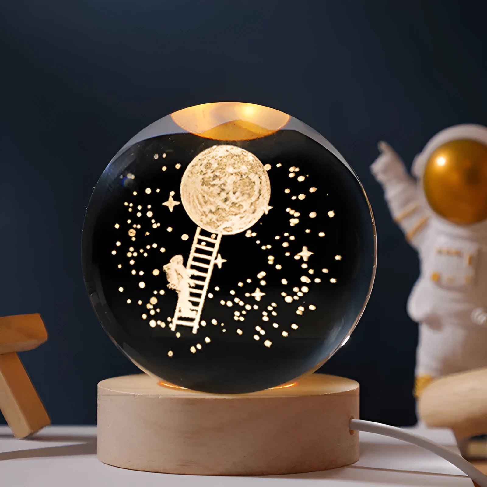 USB-powered luminous crystal ball decoration on wooden base with starry sky design